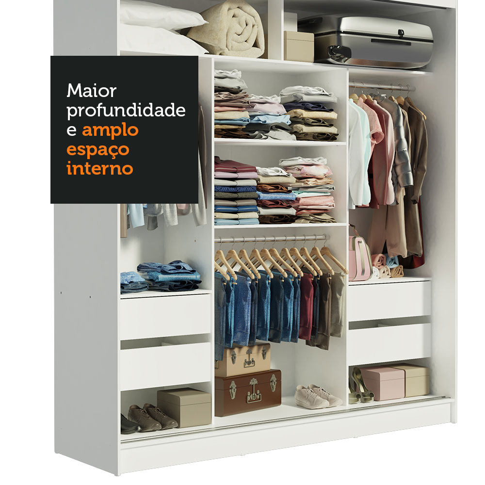 Guarda-Roupa Casal Madesa Reno 3 Portas de Correr com Espelho - Branco