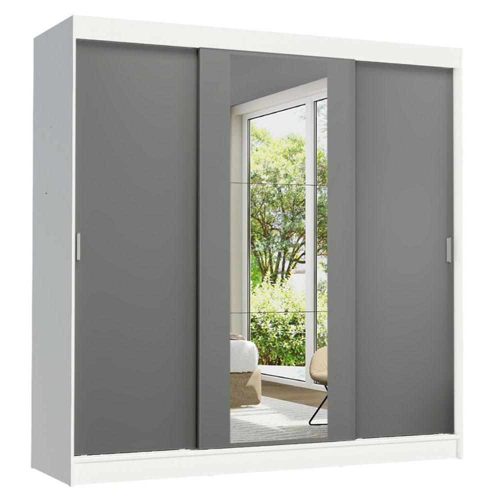 Guarda-Roupa Casal Madesa Reno 3 Portas de Correr com Espelho - Branco/Cinza