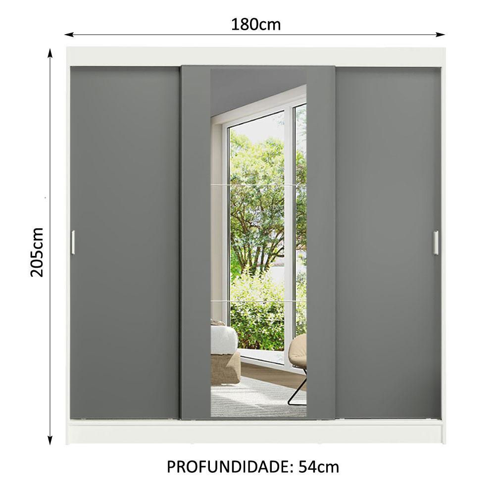 Guarda-Roupa Casal Madesa Reno 3 Portas de Correr com Espelho - Branco/Cinza