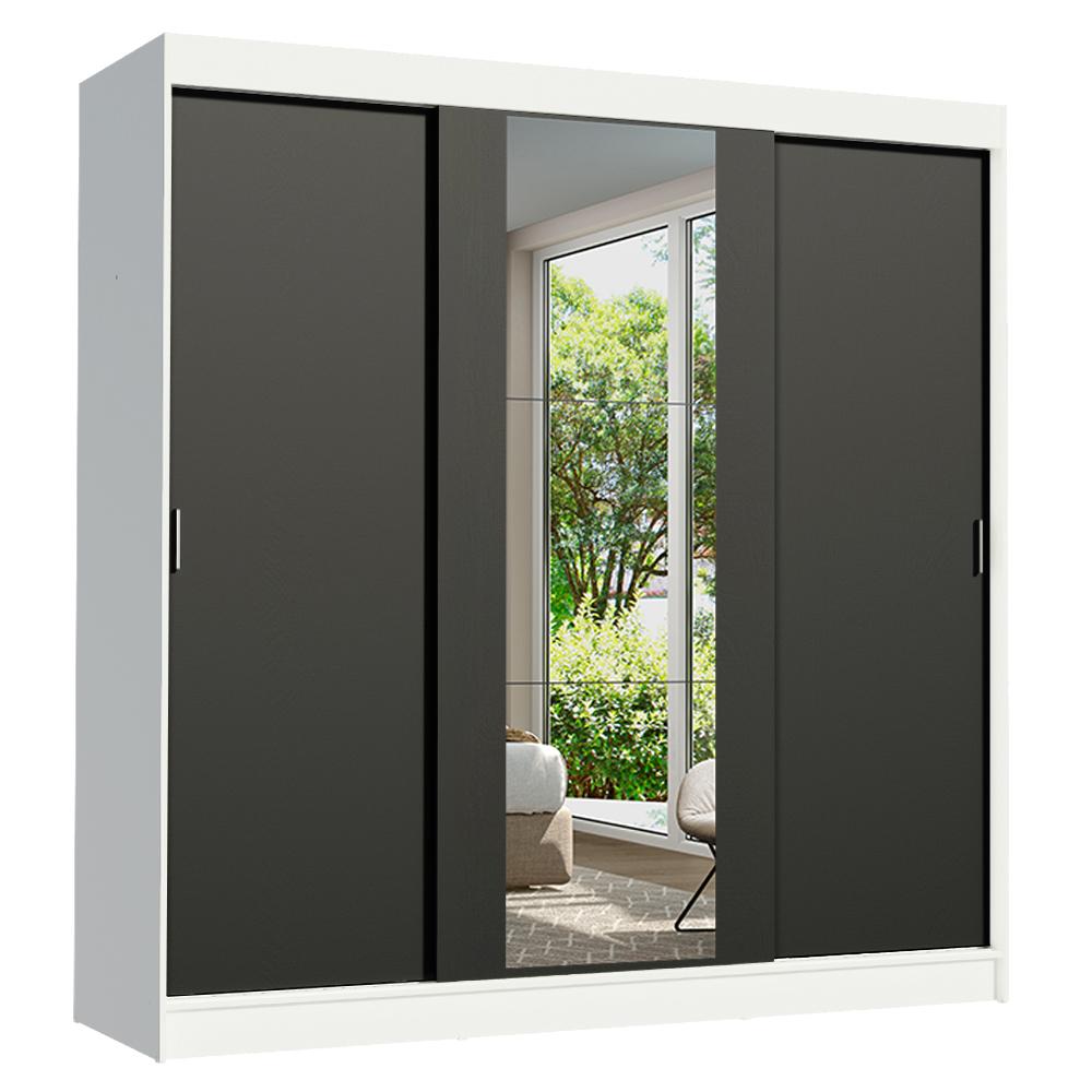 Guarda-Roupa Casal Madesa Reno 3 Portas de Correr com Espelho - Branco/Preto
