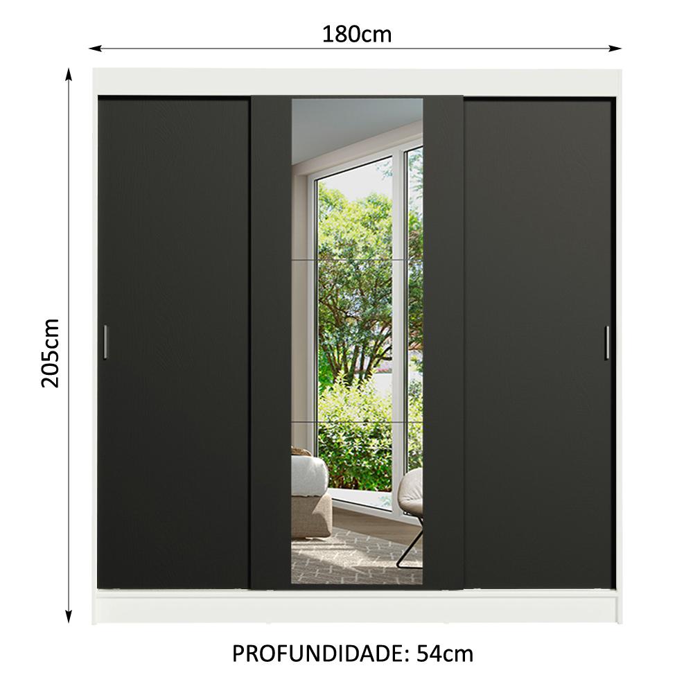 Guarda-Roupa Casal Madesa Reno 3 Portas de Correr com Espelho - Branco/Preto
