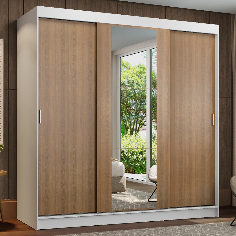 Guarda-Roupa Casal Madesa Reno 3 Portas de Correr com Espelho - Branco/Rustic
