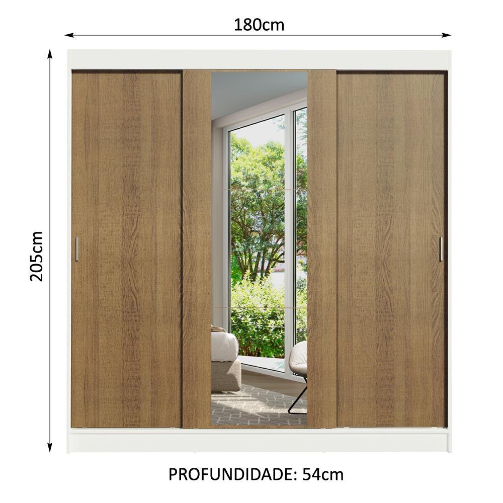 Guarda-Roupa Casal Madesa Reno 3 Portas de Correr com Espelho - Branco/Rustic