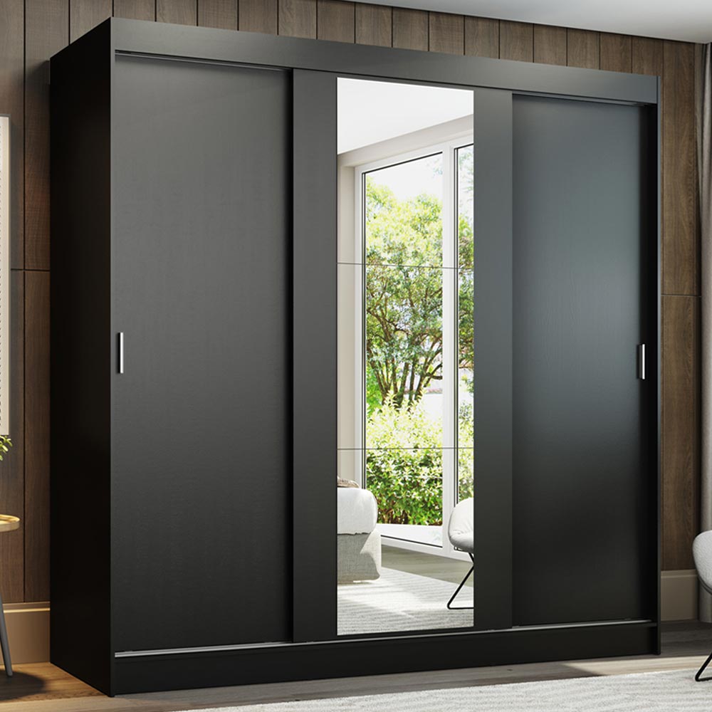 Guarda-Roupa Casal Madesa Reno 3 Portas de Correr com Espelho - Preto
