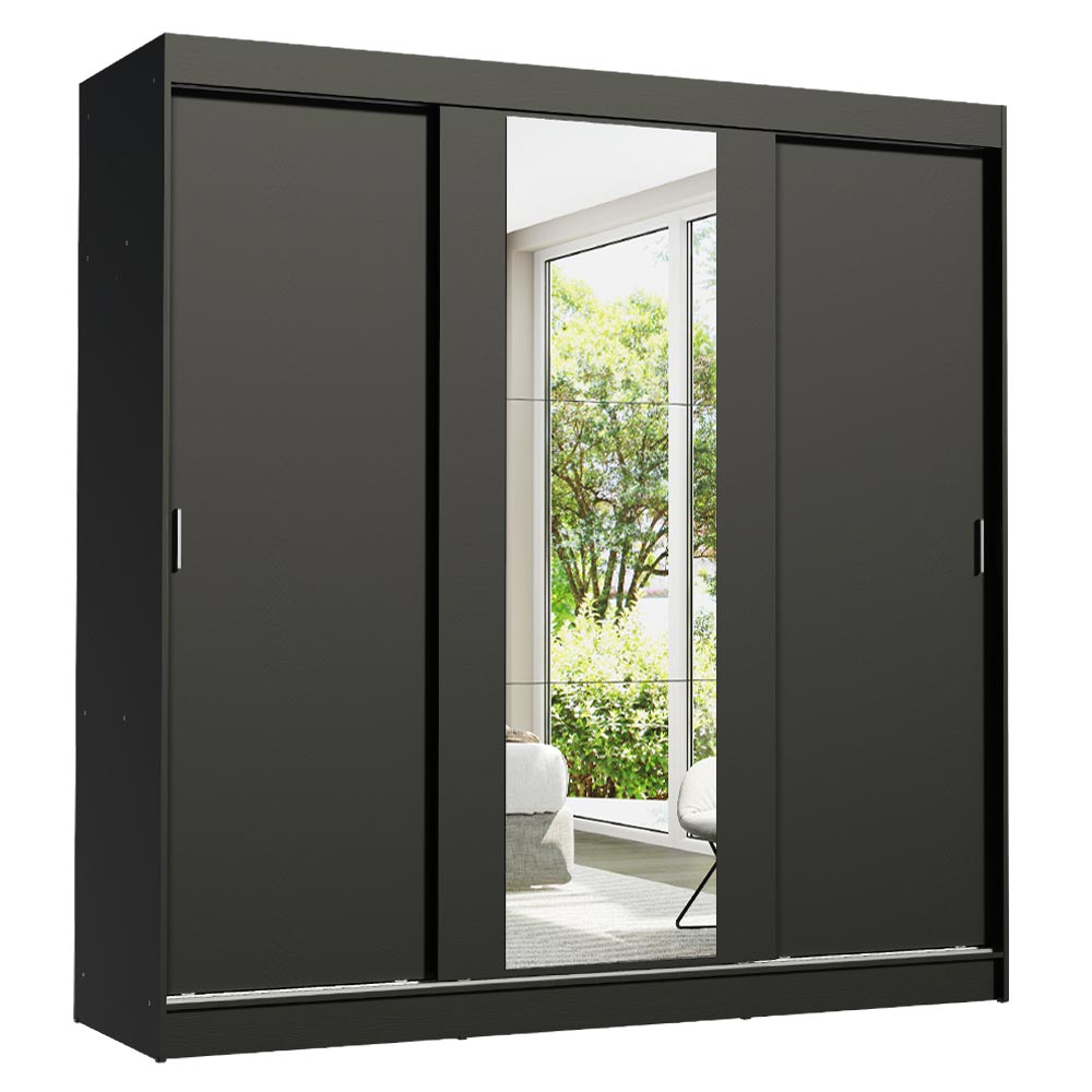 Guarda-Roupa Casal Madesa Reno 3 Portas de Correr com Espelho - Preto