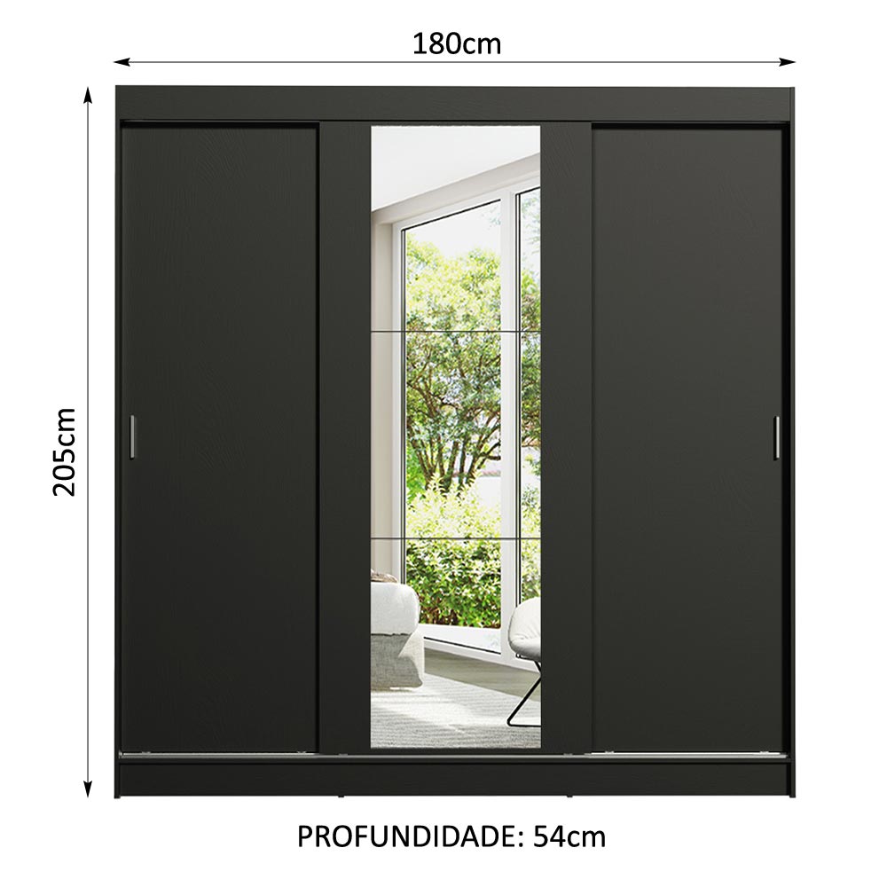 Guarda-Roupa Casal Madesa Reno 3 Portas de Correr com Espelho - Preto