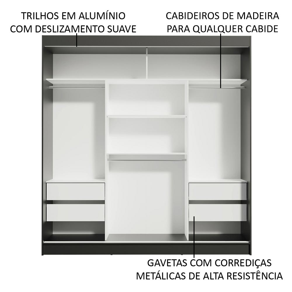 Guarda-Roupa Casal Madesa Reno 3 Portas de Correr com Espelho - Preto