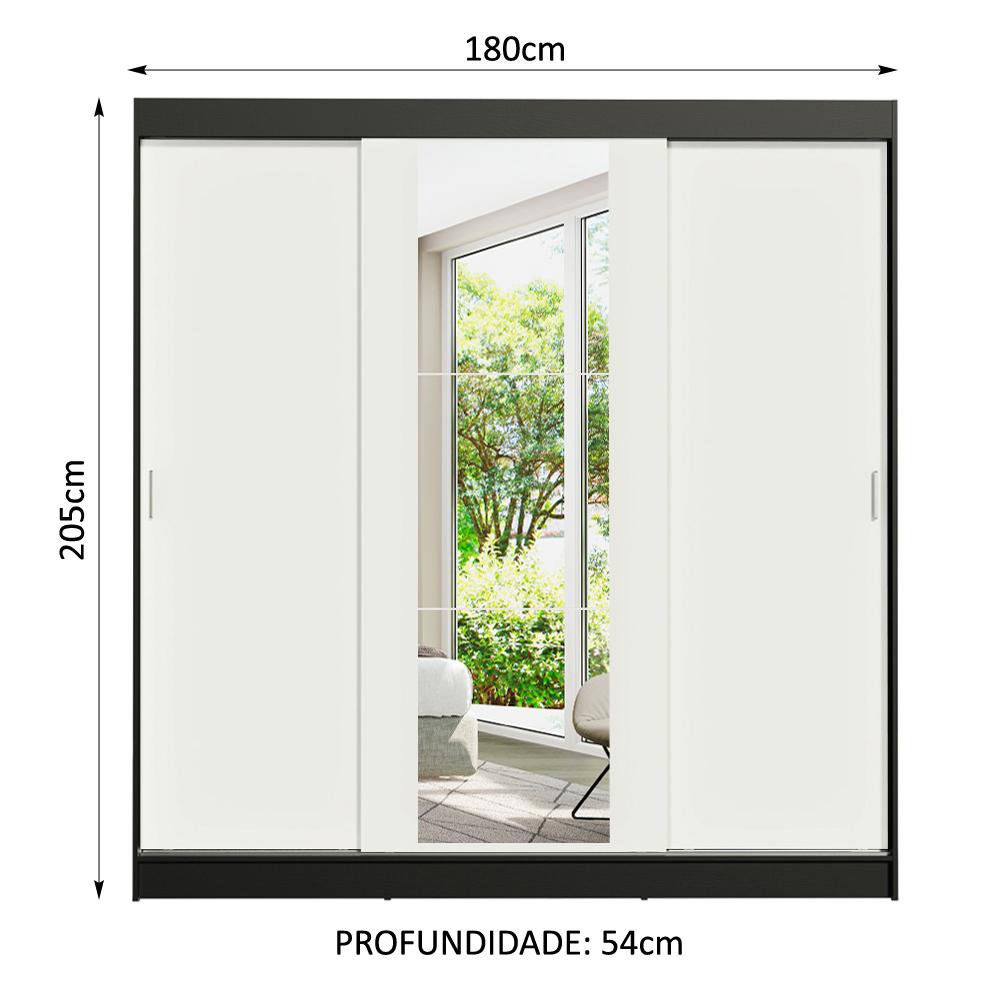 Guarda-Roupa Casal Madesa Reno 3 Portas de Correr com Espelho - Preto/Branco