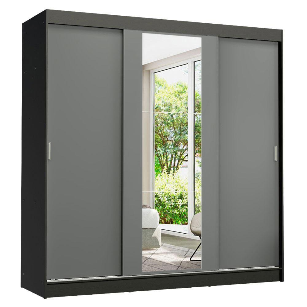 Guarda-Roupa Casal Madesa Reno 3 Portas de Correr com Espelho - Preto/Cinza