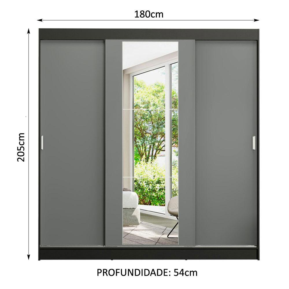 Guarda-Roupa Casal Madesa Reno 3 Portas de Correr com Espelho - Preto/Cinza