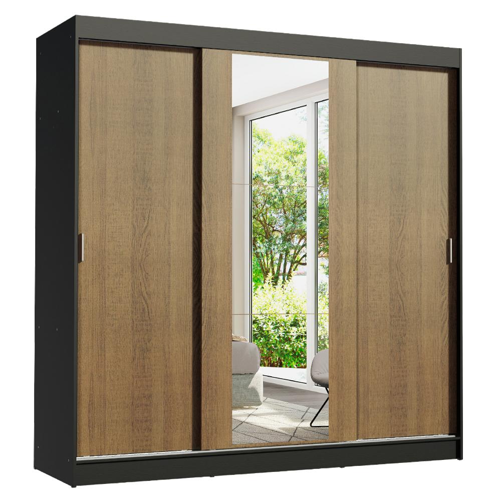 Guarda-Roupa Casal Madesa Reno 3 Portas de Correr com Espelho - Preto/Rustic