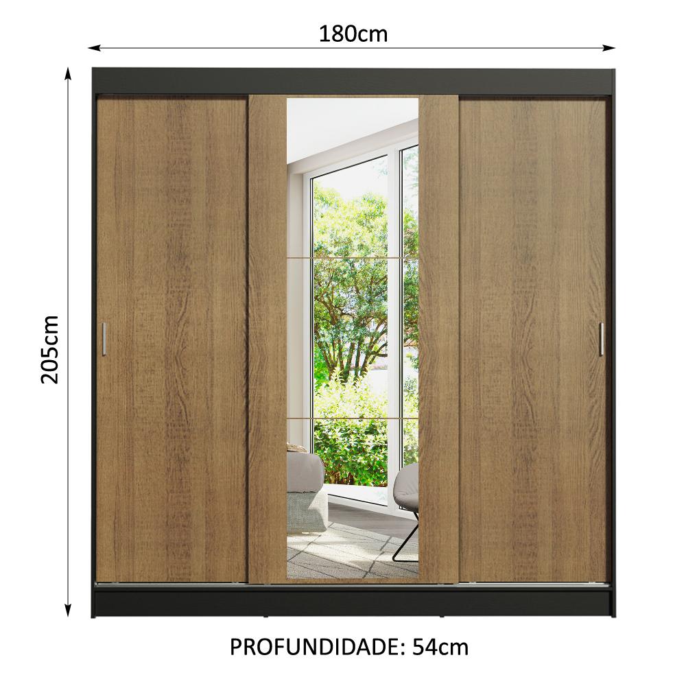 Guarda-Roupa Casal Madesa Reno 3 Portas de Correr com Espelho - Preto/Rustic