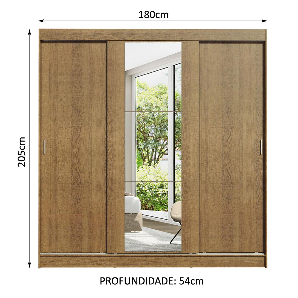 Guarda-Roupa Casal Madesa Reno 3 Portas de Correr com Espelho - Rustic