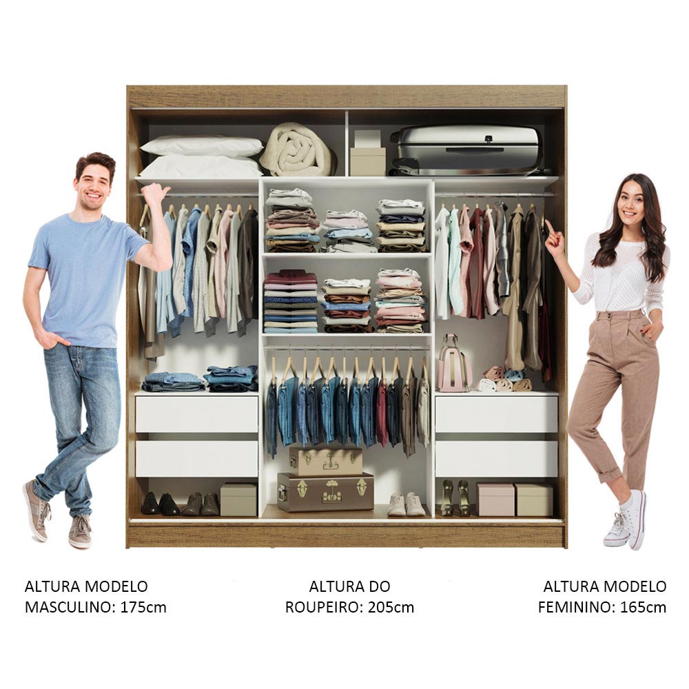 Guarda-Roupa Casal Madesa Reno 3 Portas de Correr com Espelho - Rustic