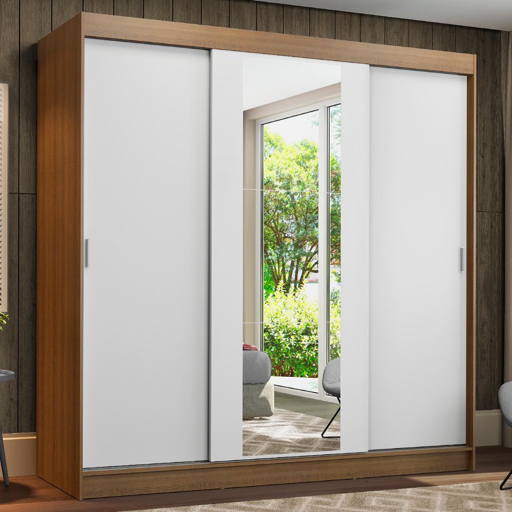 Guarda-Roupa Casal Madesa Reno 3 Portas de Correr com Espelho - Rustic/Branco