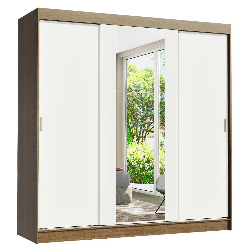 Guarda-Roupa Casal Madesa Reno 3 Portas de Correr com Espelho - Rustic/Branco