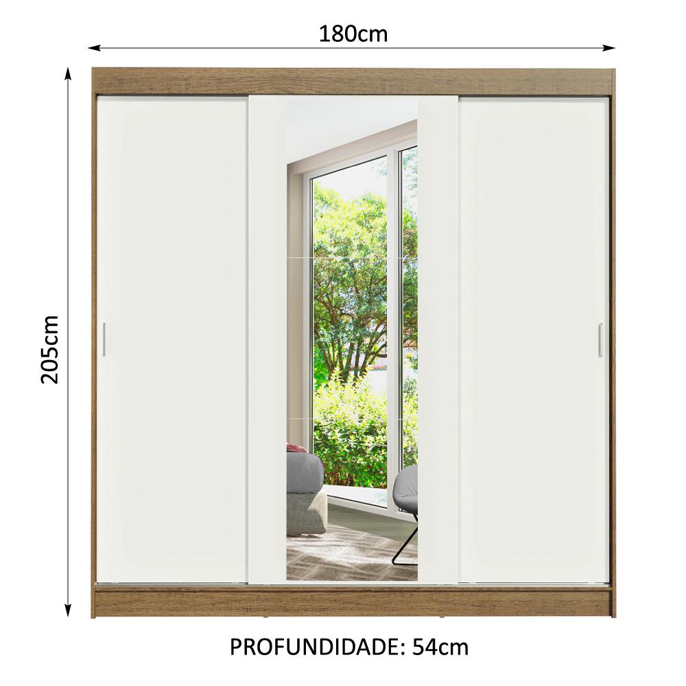 Guarda-Roupa Casal Madesa Reno 3 Portas de Correr com Espelho - Rustic/Branco