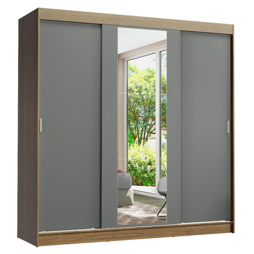 Guarda-Roupa Casal Madesa Reno 3 Portas de Correr com Espelho - Rustic/Cinza