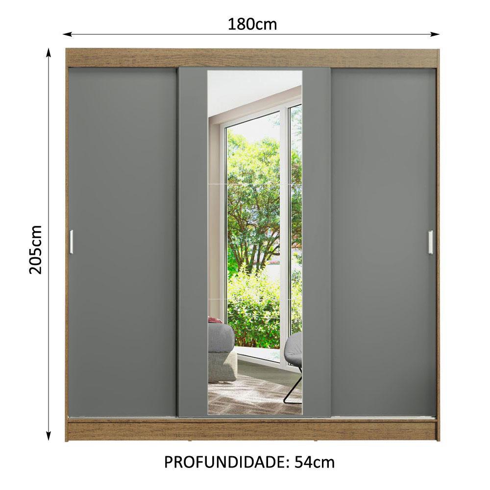 Guarda-Roupa Casal Madesa Reno 3 Portas de Correr com Espelho - Rustic/Cinza