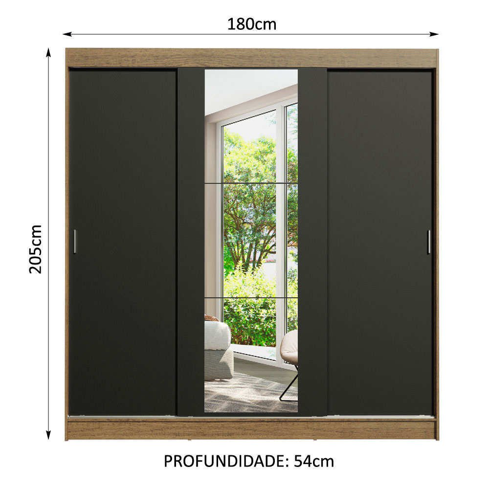 Guarda-Roupa Casal Madesa Reno 3 Portas de Correr com Espelho - Rustic/Preto