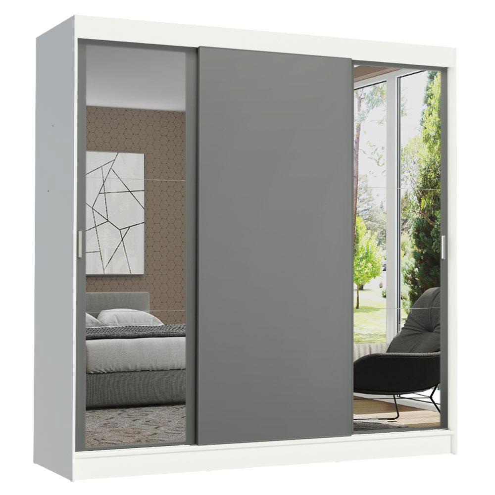 Guarda-Roupa Casal Madesa Reno 3 Portas de Correr com Espelhos - Branco/Cinza