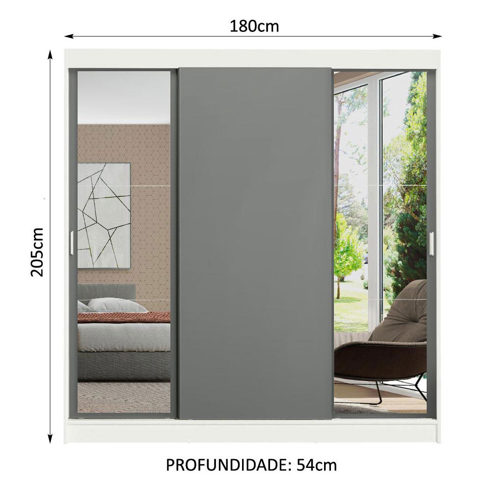 Guarda-Roupa Casal Madesa Reno 3 Portas de Correr com Espelhos - Branco/Cinza