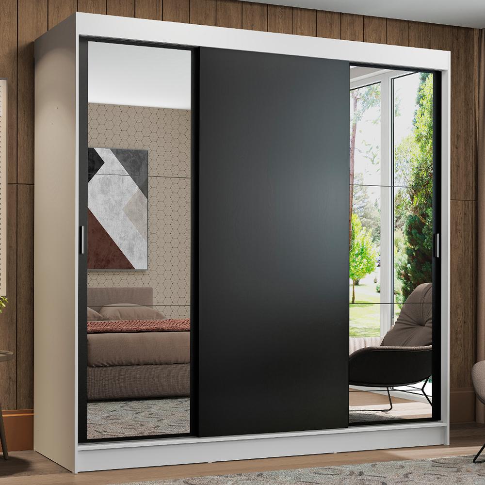Guarda-Roupa Casal Madesa Reno 3 Portas de Correr com Espelhos - Branco/Preto