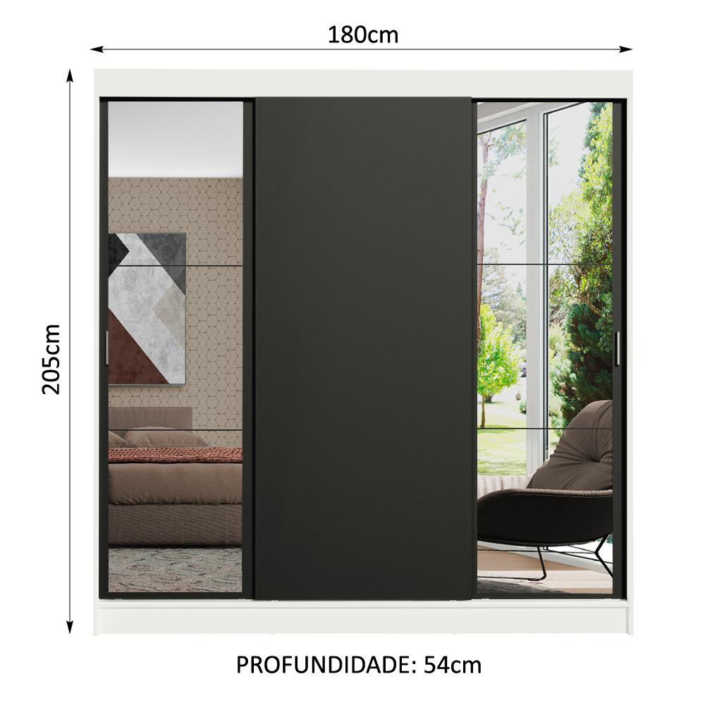 Guarda-Roupa Casal Madesa Reno 3 Portas de Correr com Espelhos - Branco/Preto