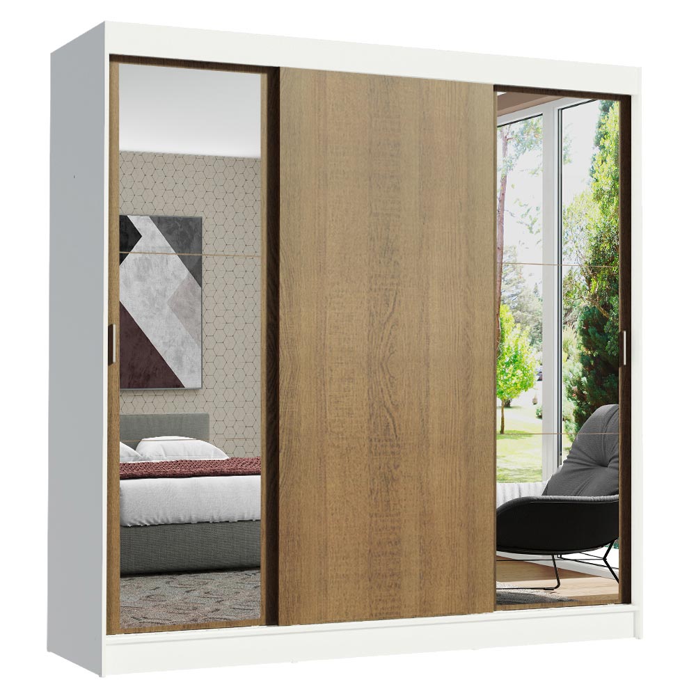 Guarda-Roupa Casal Madesa Reno 3 Portas de Correr com Espelhos - Branco/Rustic