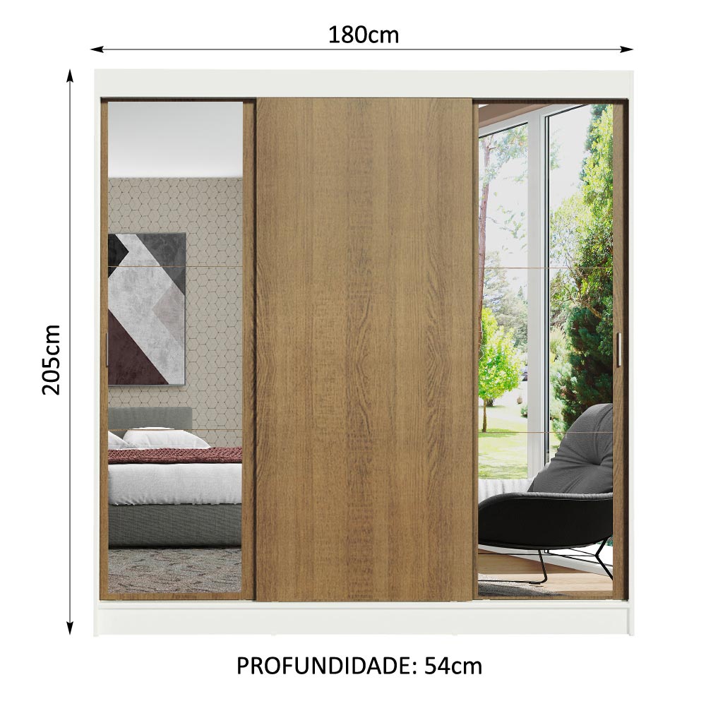 Guarda-Roupa Casal Madesa Reno 3 Portas de Correr com Espelhos - Branco/Rustic