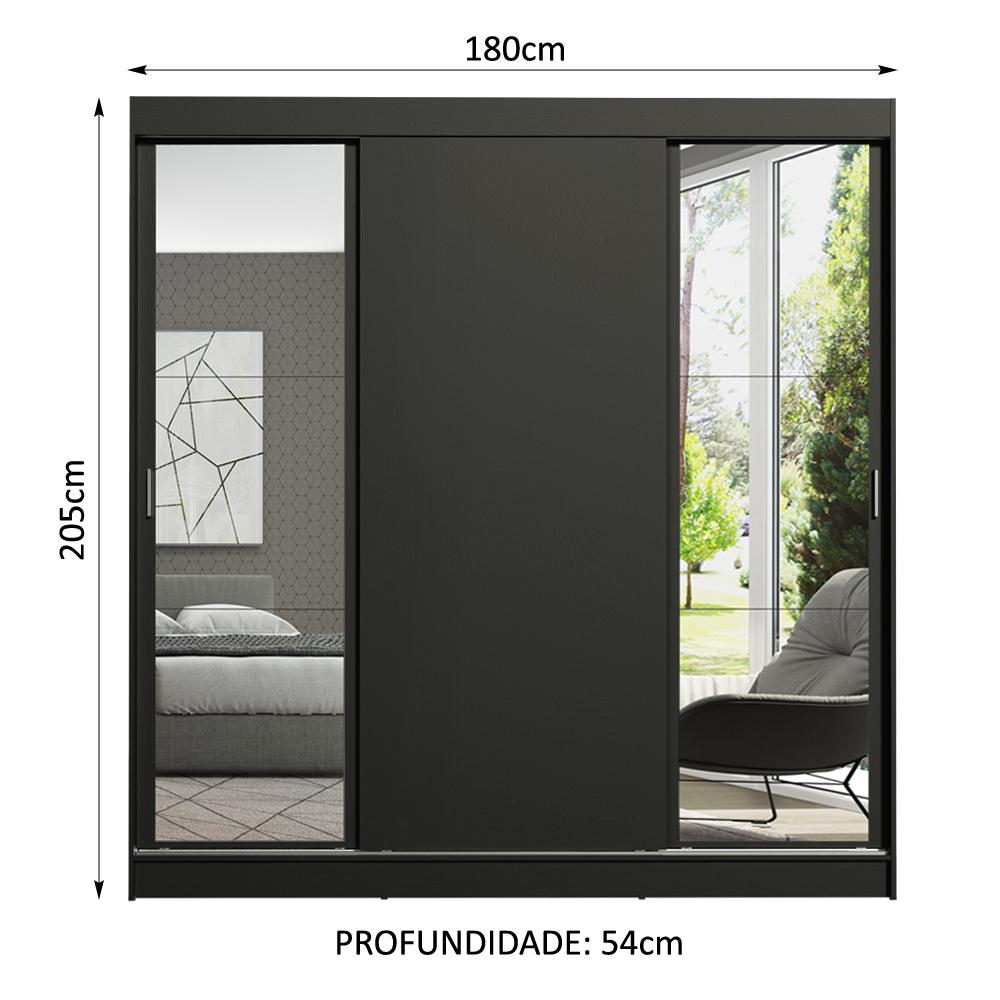Guarda-Roupa Casal Madesa Reno 3 Portas de Correr com Espelhos - Preto