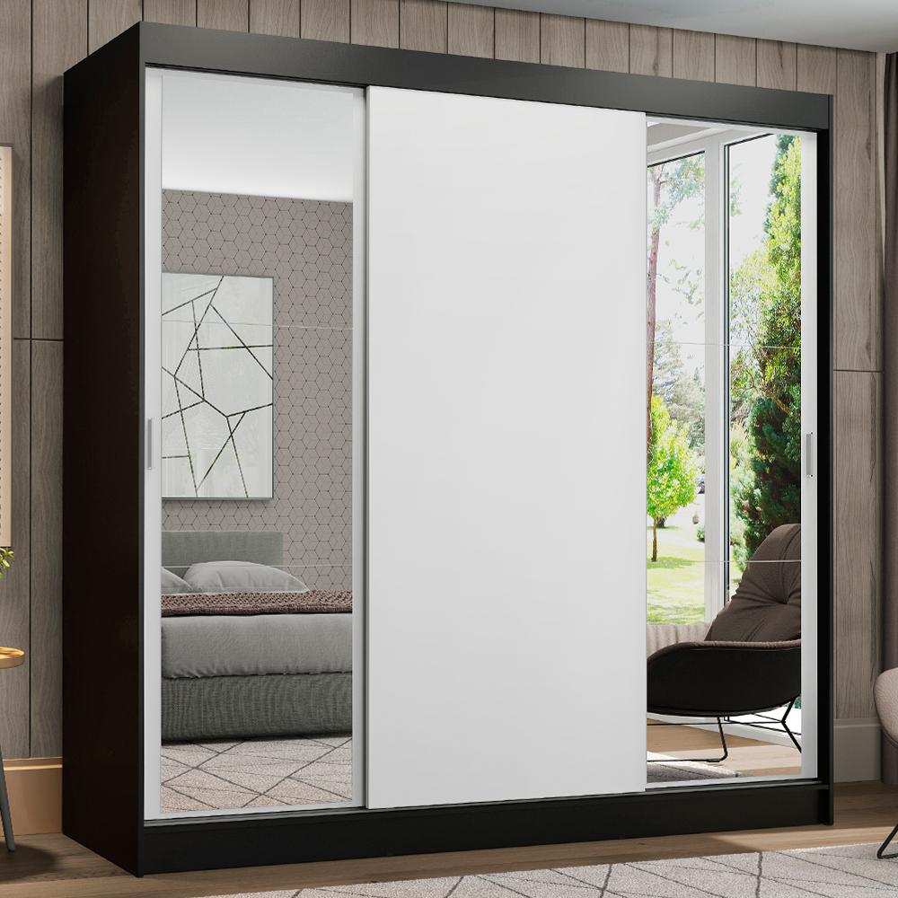 Guarda-Roupa Casal Madesa Reno 3 Portas de Correr com Espelhos - Preto/Branco