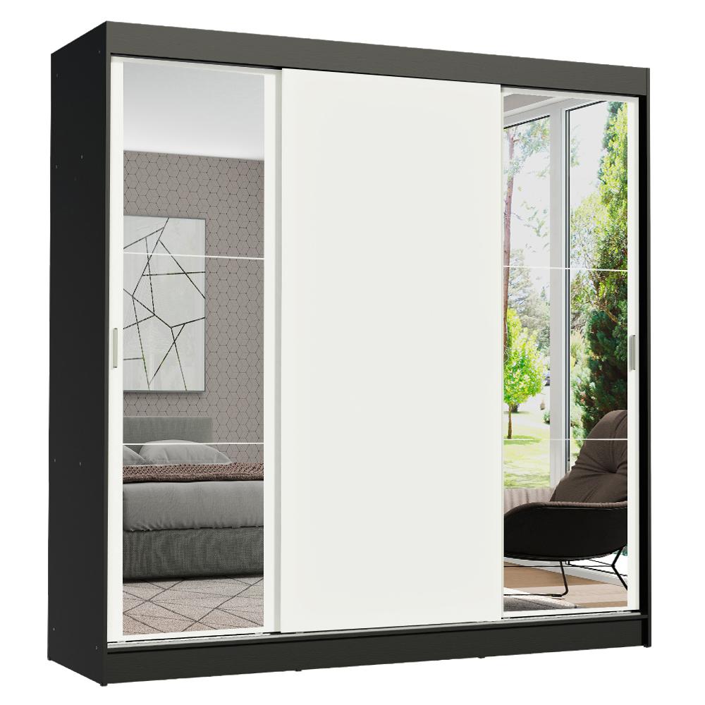 Guarda-Roupa Casal Madesa Reno 3 Portas de Correr com Espelhos - Preto/Branco