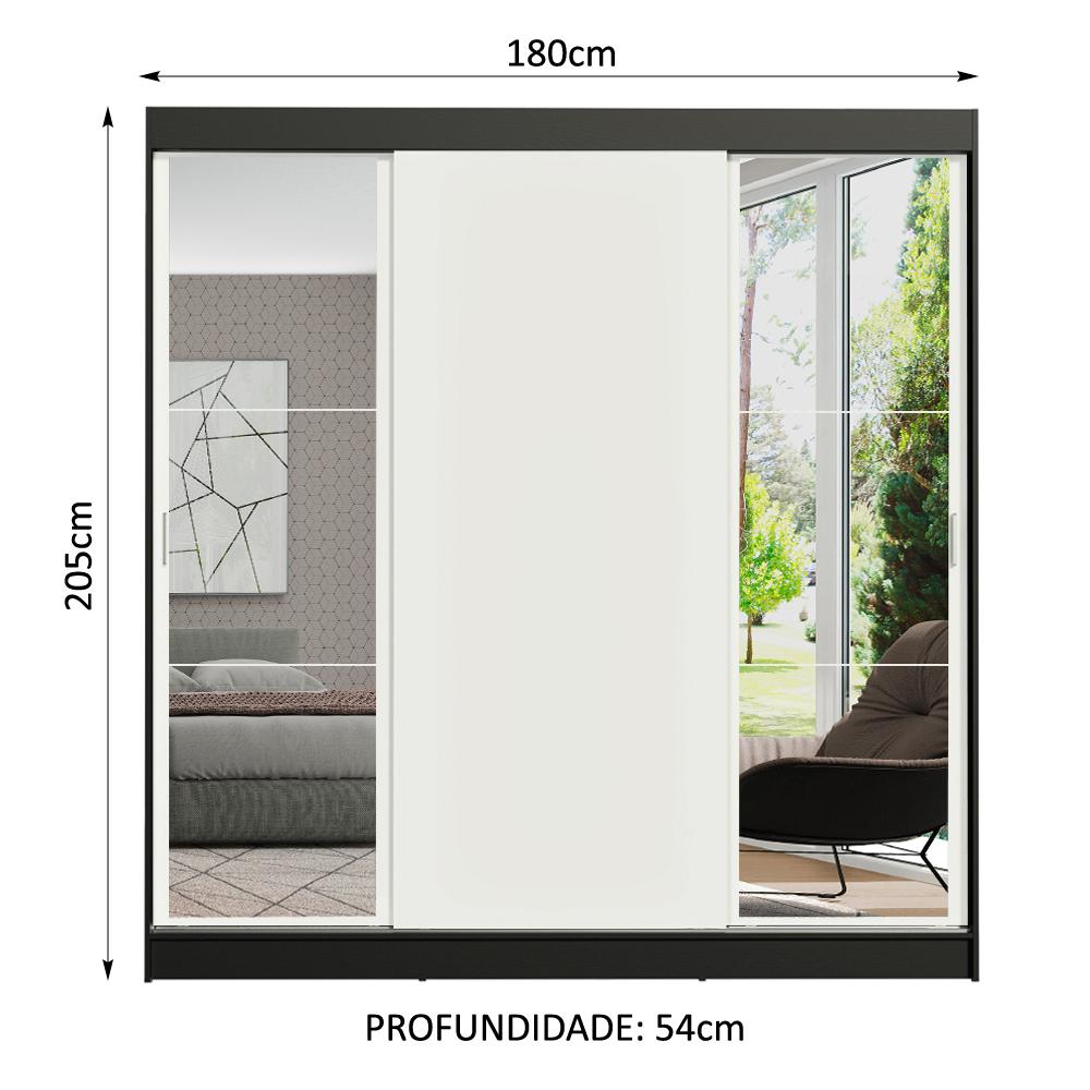 Guarda-Roupa Casal Madesa Reno 3 Portas de Correr com Espelhos - Preto/Branco