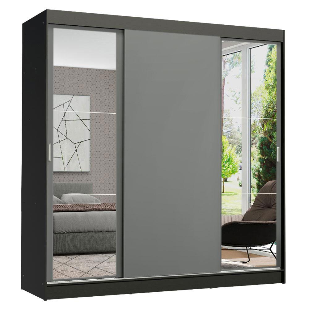 Guarda-Roupa Casal Madesa Reno 3 Portas de Correr com Espelhos - Preto/Cinza