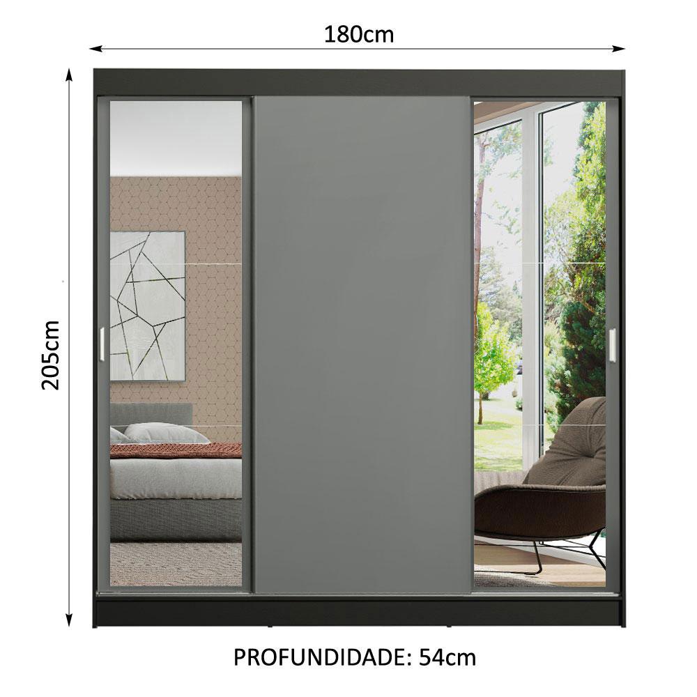 Guarda-Roupa Casal Madesa Reno 3 Portas de Correr com Espelhos - Preto/Cinza