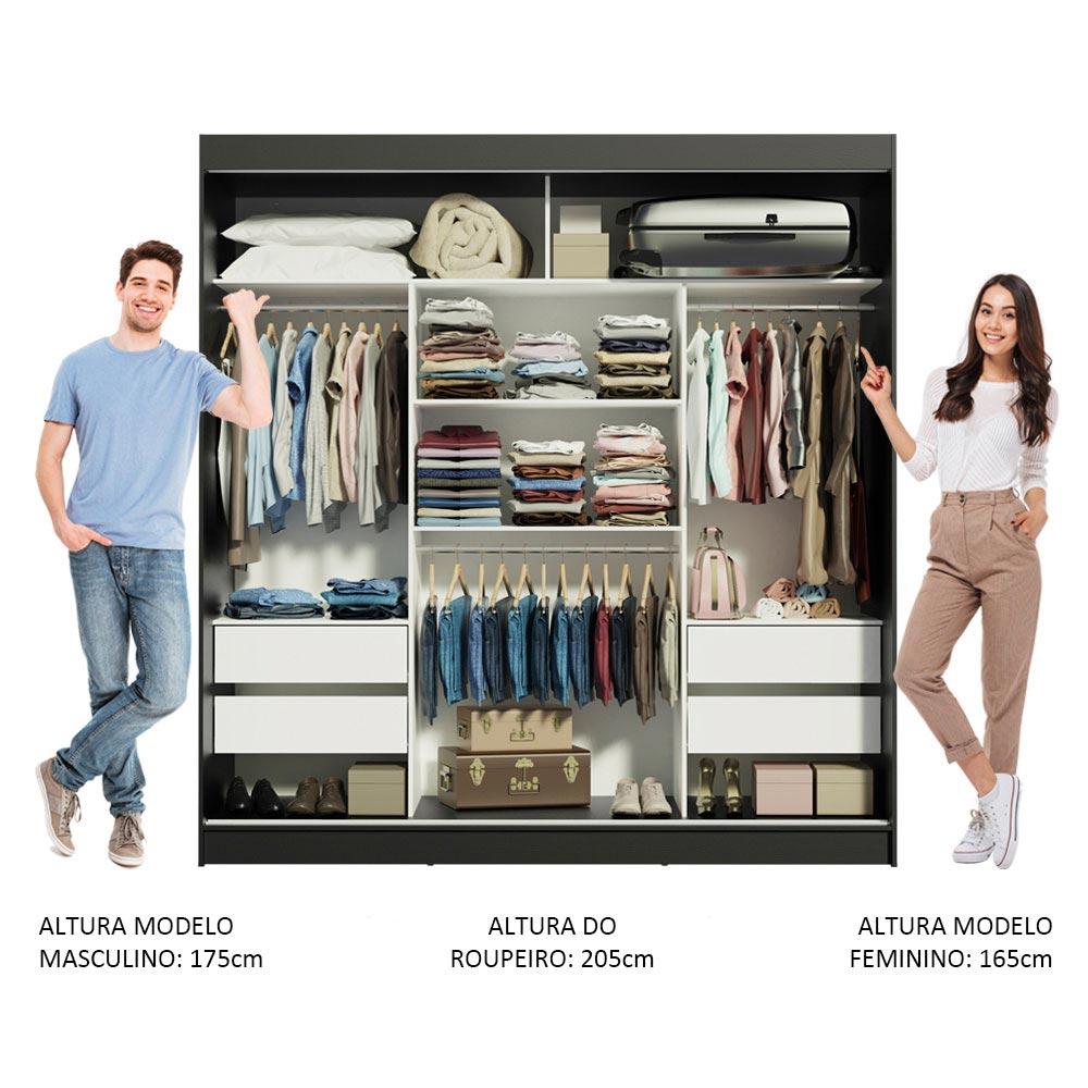 Guarda-Roupa Casal Madesa Reno 3 Portas de Correr com Espelhos - Preto/Cinza