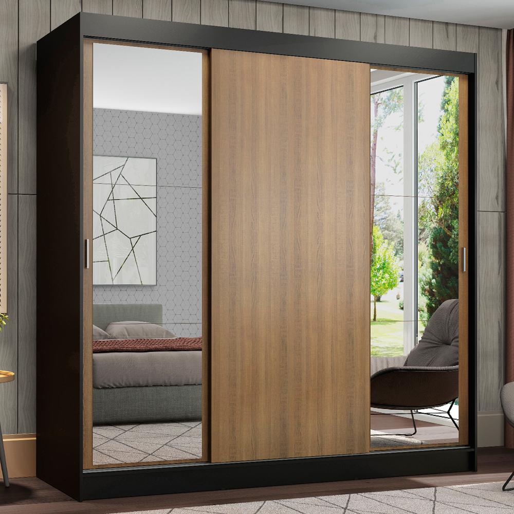 Guarda-Roupa Casal Madesa Reno 3 Portas de Correr com Espelhos - Preto/Rustic