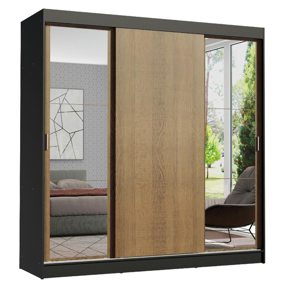 Guarda-Roupa Casal Madesa Reno 3 Portas de Correr com Espelhos - Preto/Rustic
