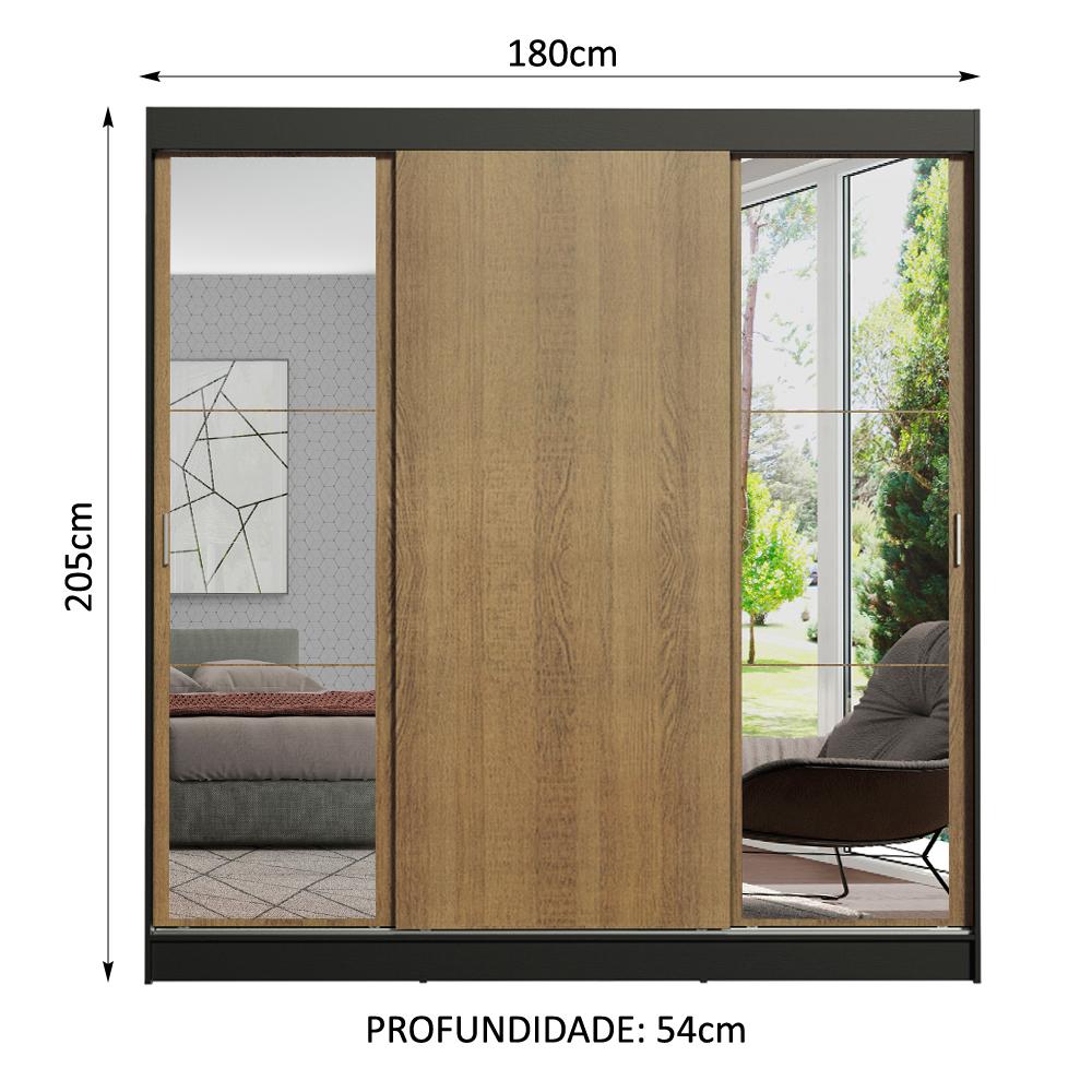 Guarda-Roupa Casal Madesa Reno 3 Portas de Correr com Espelhos - Preto/Rustic