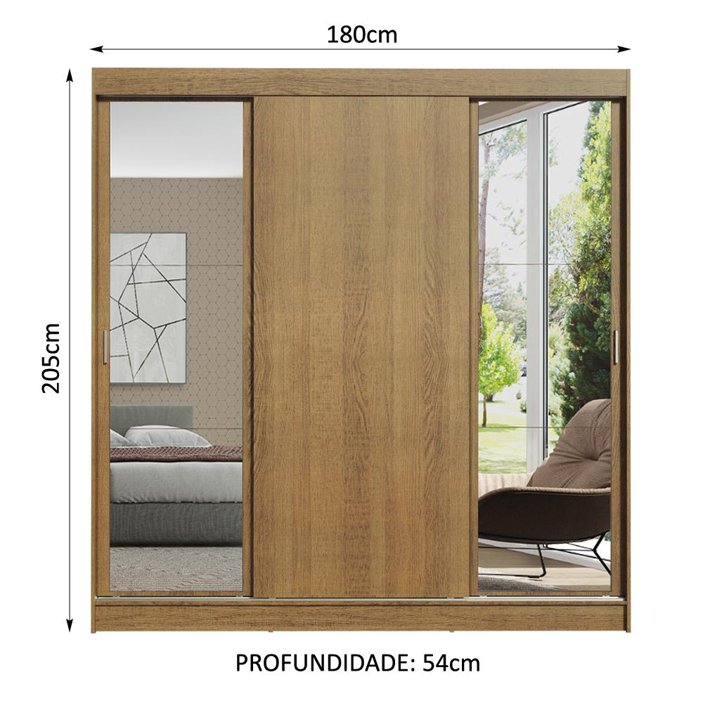 Guarda-Roupa Casal Madesa Reno 3 Portas de Correr com Espelhos - Rustic