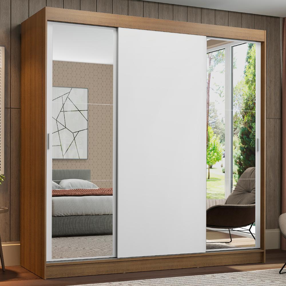 Guarda-Roupa Casal Madesa Reno 3 Portas de Correr com Espelhos - Rustic/Branco