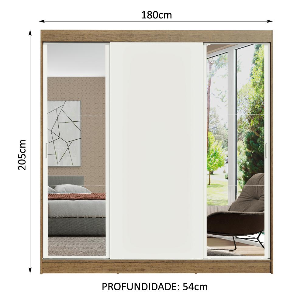 Guarda-Roupa Casal Madesa Reno 3 Portas de Correr com Espelhos - Rustic/Branco