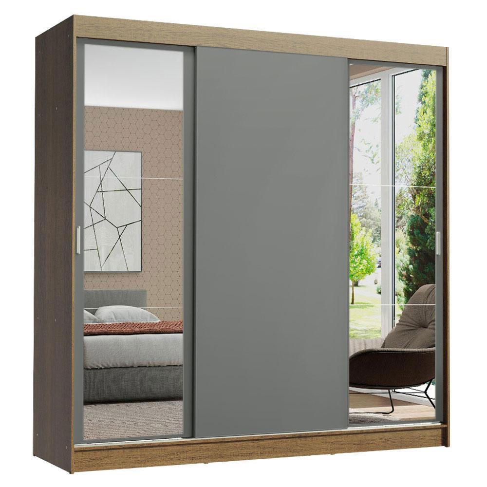 Guarda-Roupa Casal Madesa Reno 3 Portas de Correr com Espelhos - Rustic/Cinza