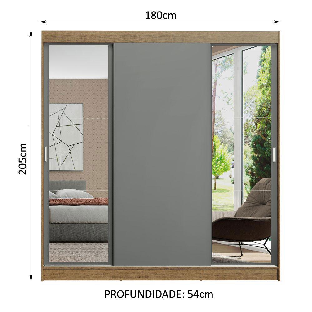 Guarda-Roupa Casal Madesa Reno 3 Portas de Correr com Espelhos - Rustic/Cinza