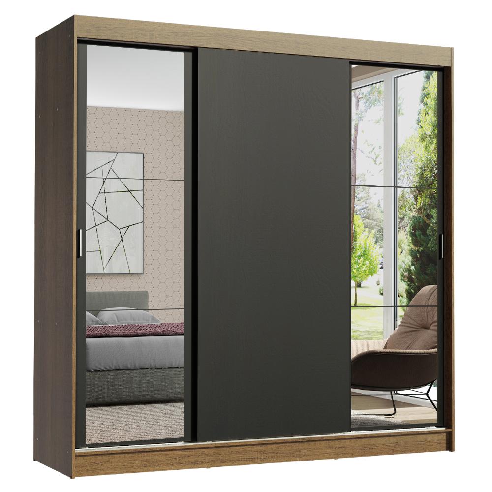 Guarda-Roupa Casal Madesa Reno 3 Portas de Correr com Espelhos - Rustic/Preto