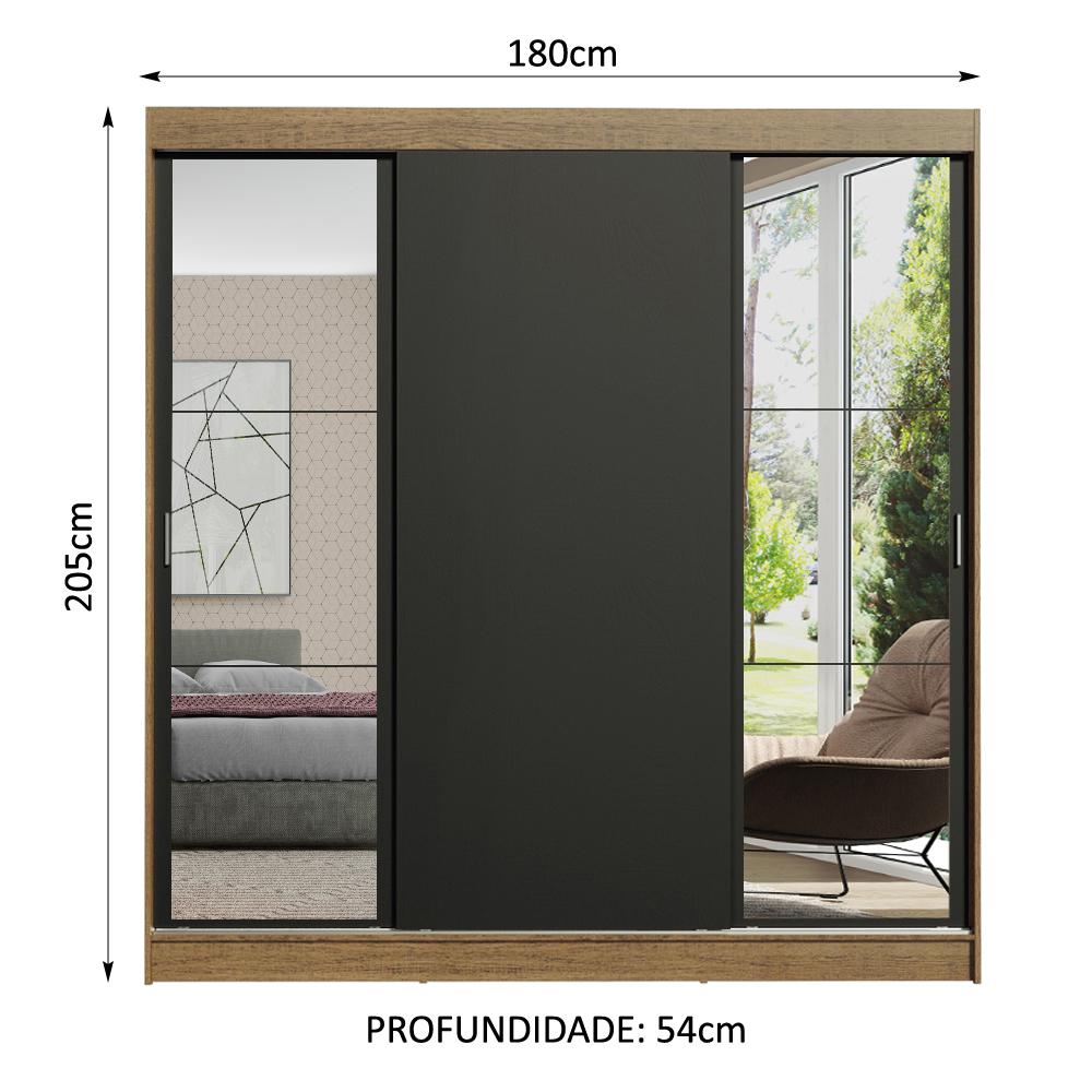 Guarda-Roupa Casal Madesa Reno 3 Portas de Correr com Espelhos - Rustic/Preto