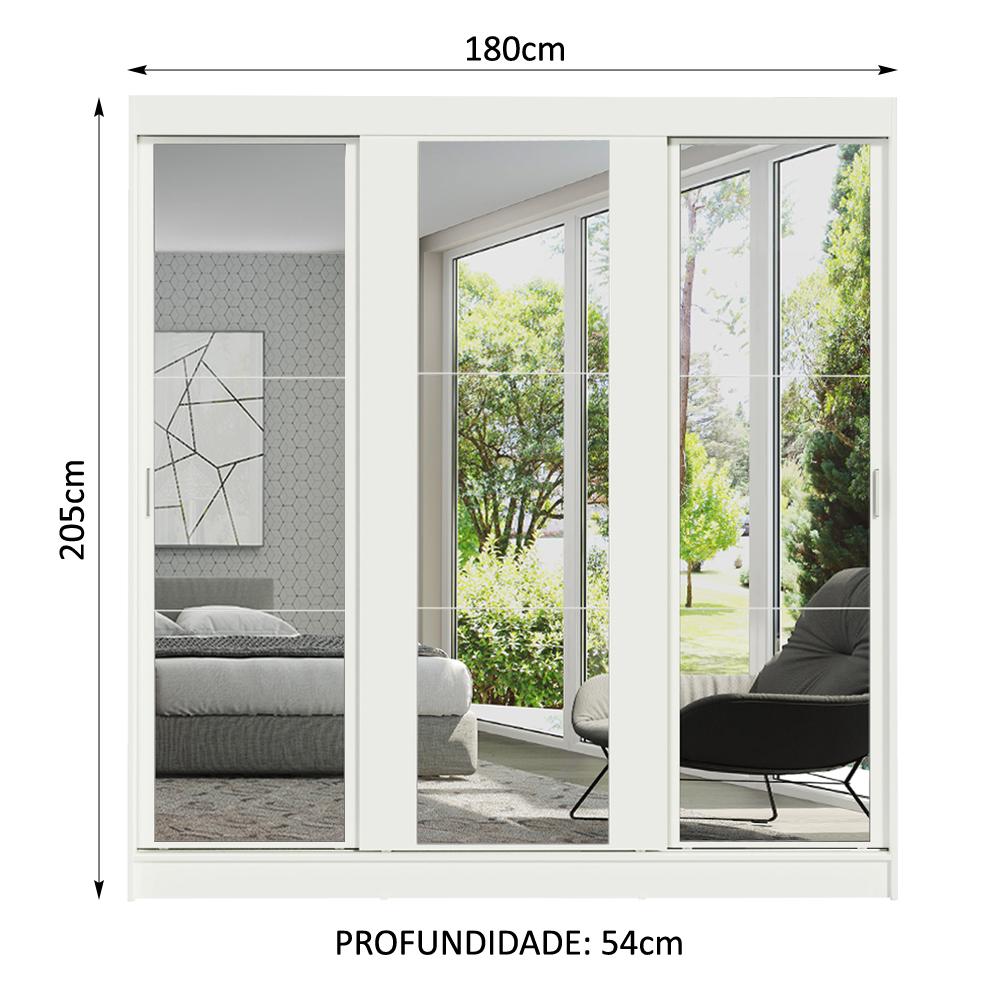 Guarda-Roupa Casal Madesa Reno 3 Portas de Correr de Espelho - Branco