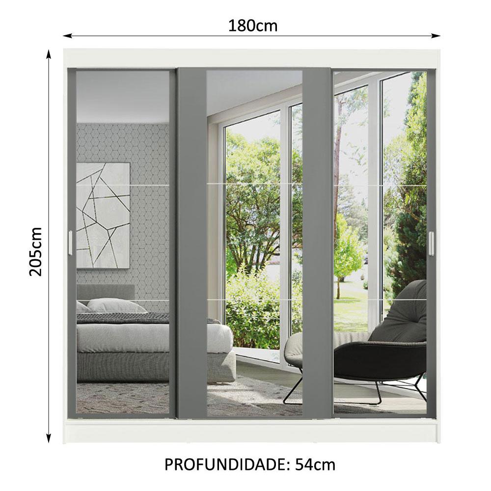 Guarda-Roupa Casal Madesa Reno 3 Portas de Correr de Espelho - Branco/Cinza