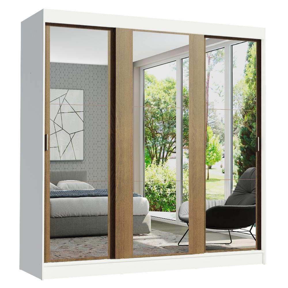 Guarda-Roupa Casal Madesa Reno 3 Portas de Correr de Espelho - Branco/Rustic